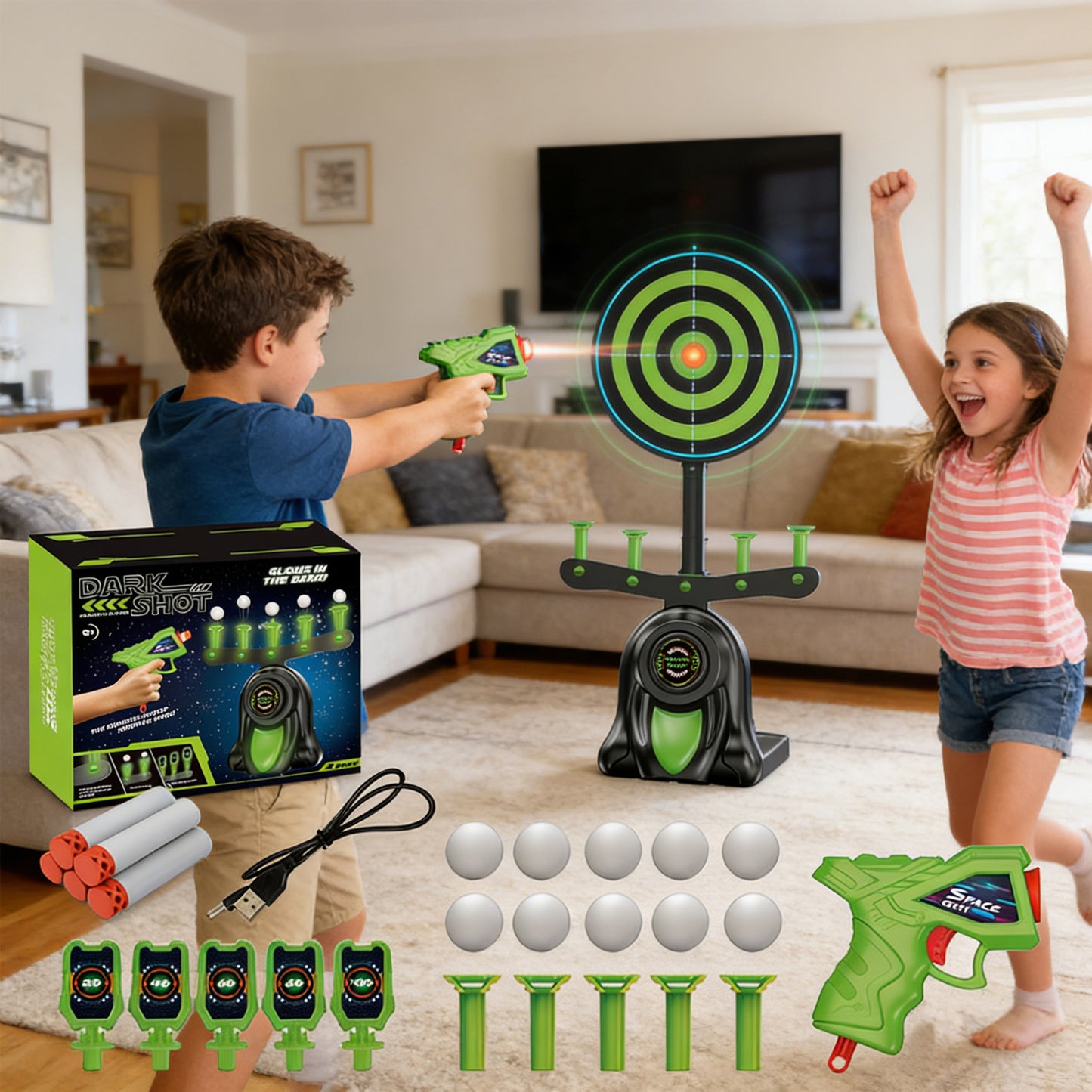 Electrically-powered Suspended Shooting Ball With Night-light Target and Soft Bullet Toy Gun, Tabletop Game,Gifts for Boys Girls Adults Age 8+