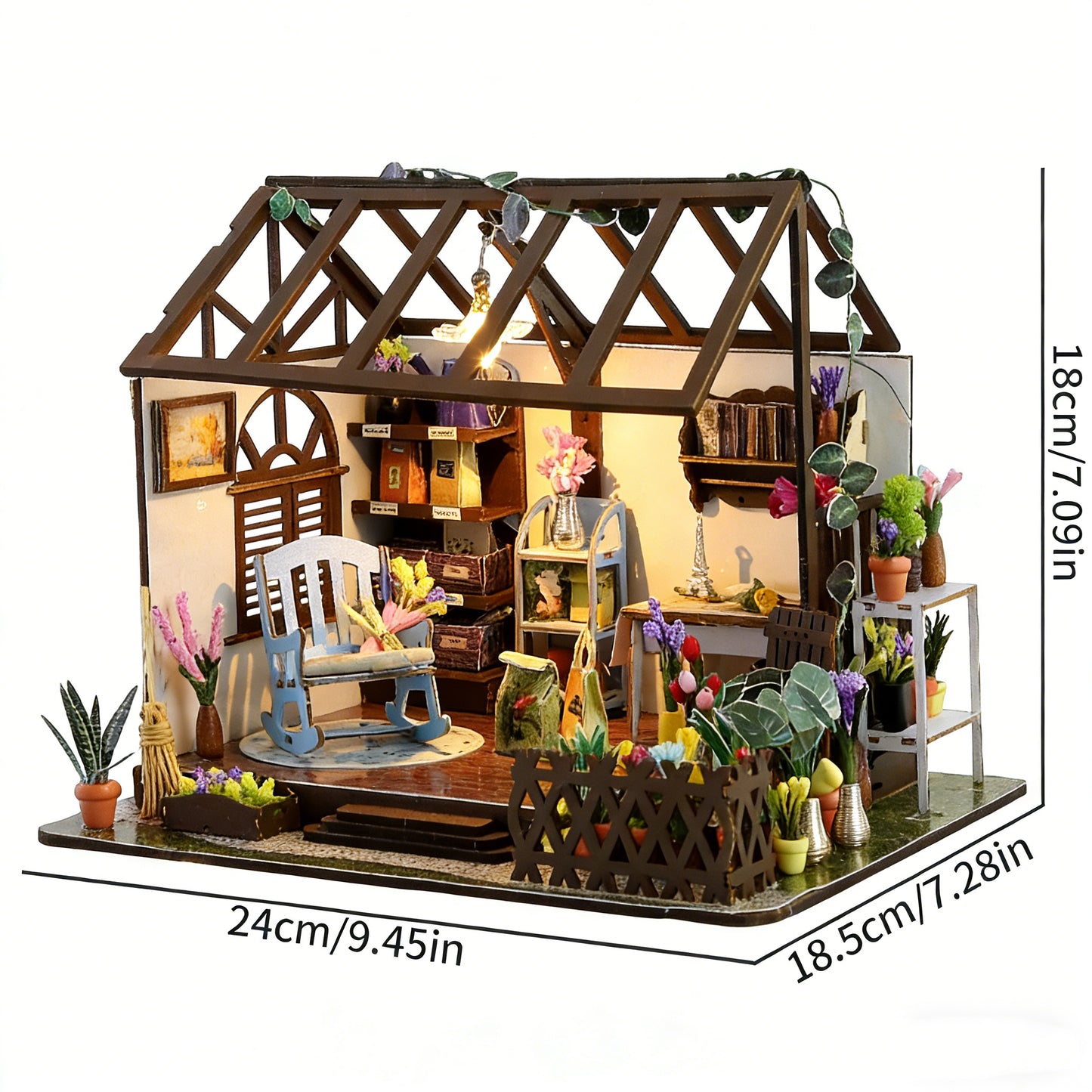 DIY Miniature Greenhouse Craft Kit - Wooden Plant-Themed Dollhouse Buildable Model with LED Lighting, Cozy Decorative Desktop Display for Hobbyists & Relaxation Enthusiasts