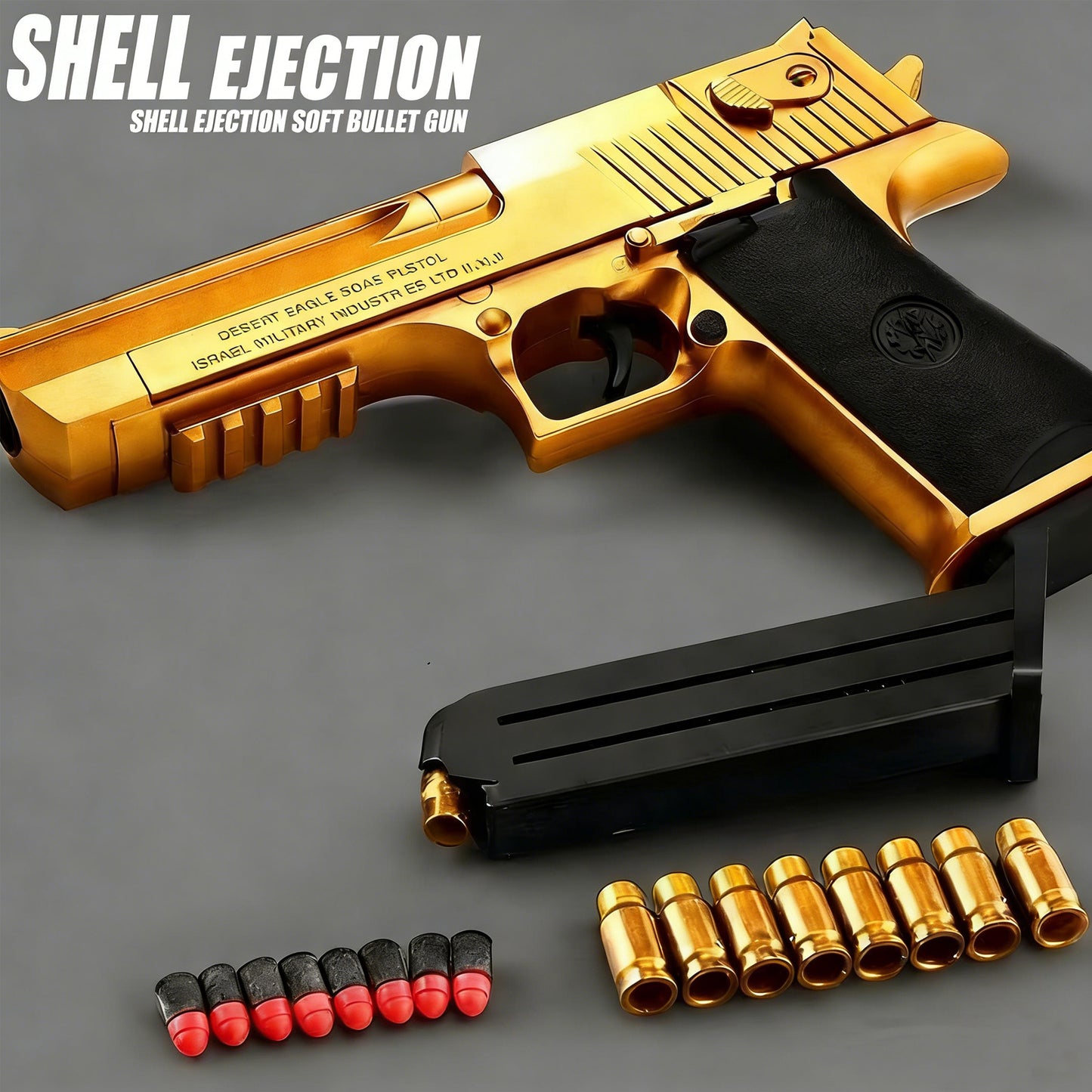 Golden Desert Eagle Shell Ejection Soft Bullet Gun – Realistic Toy Pistol with Removable Magazine, Safe Foam Bullets for Kids & Adults, Ideal for Collection, Cosplay, or Indoor Outdoor Shooting Games