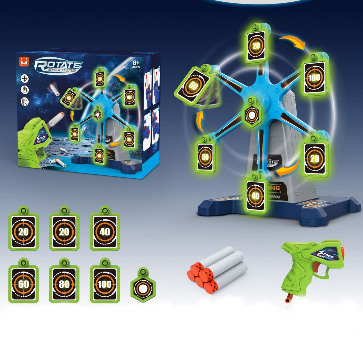 Rotating Shooting Soft Bullet Gun with Night Light Target Toy Gun，Realistic Toy Dart Hand Gun Soft Bullet Pistol Foam Shell Ejecting Blasters，Gifts for Boys Girls Adults Age 8+