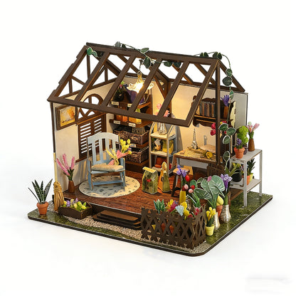 DIY Miniature Greenhouse Craft Kit - Wooden Plant-Themed Dollhouse Buildable Model with LED Lighting, Cozy Decorative Desktop Display for Hobbyists & Relaxation Enthusiasts