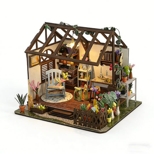 DIY Miniature Greenhouse Craft Kit - Wooden Plant-Themed Dollhouse Buildable Model with LED Lighting, Cozy Decorative Desktop Display for Hobbyists & Relaxation Enthusiasts
