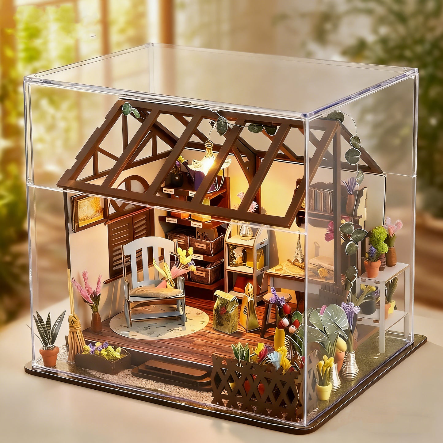 DIY Miniature Greenhouse Craft Kit - Wooden Plant-Themed Dollhouse Buildable Model with LED Lighting, Cozy Decorative Desktop Display for Hobbyists & Relaxation Enthusiasts