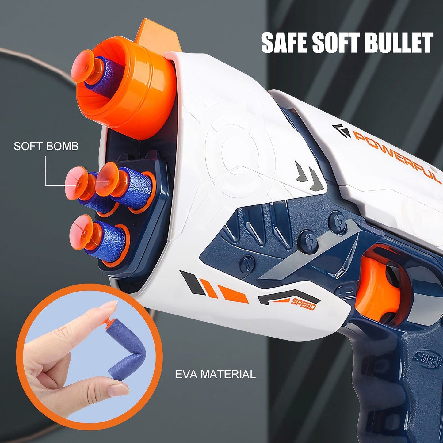 High-Powered Swift Toy Soft Bullet Blaster – Sleek White-Orange-Navy Design, Safe Foam Darts for Kids’ Outdoor Fun & Active Play，Parent-child Outdoor Battle Toy Manual Soft Bullet Gun