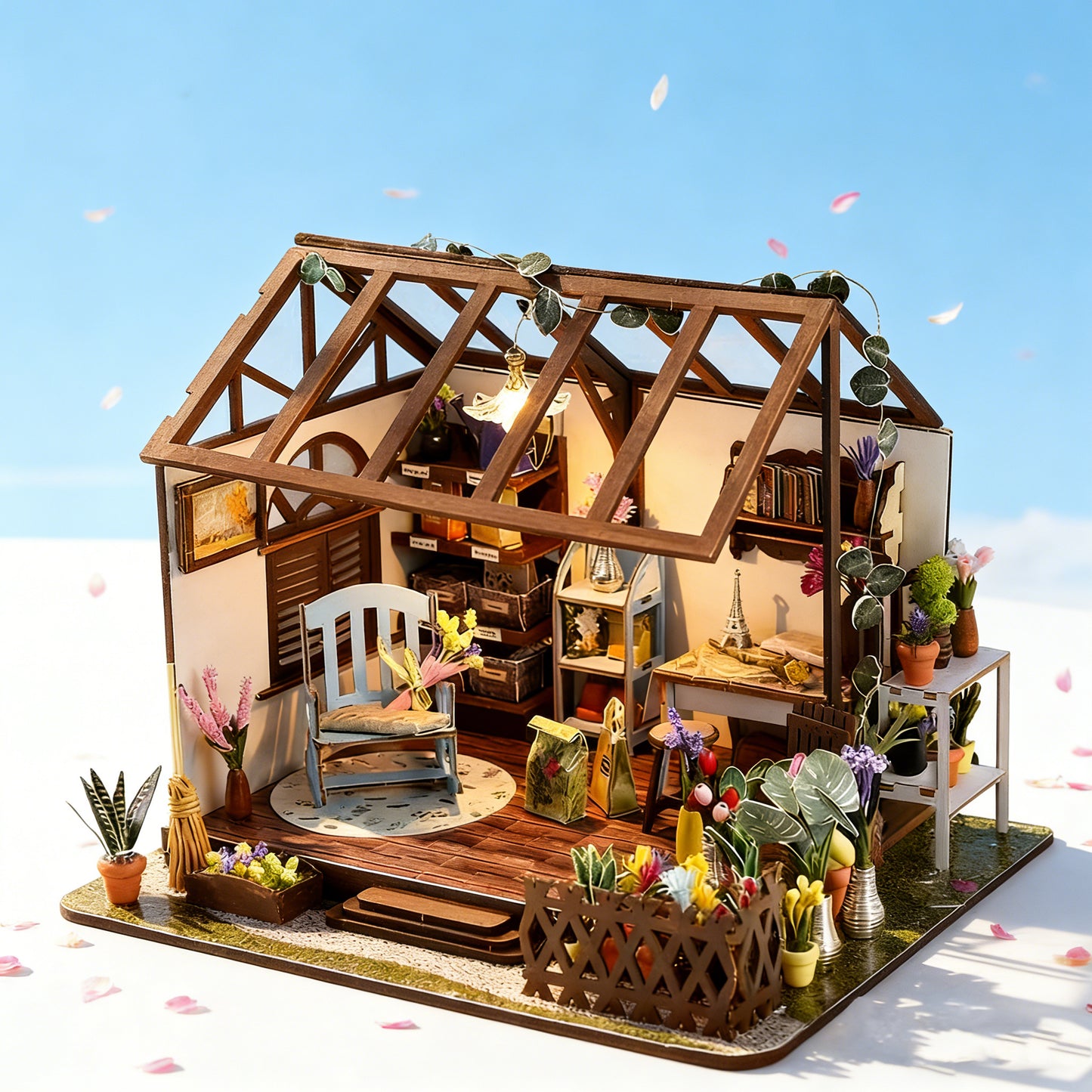 DIY Miniature Greenhouse Craft Kit - Wooden Plant-Themed Dollhouse Buildable Model with LED Lighting, Cozy Decorative Desktop Display for Hobbyists & Relaxation Enthusiasts