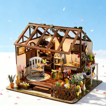 DIY Miniature Greenhouse Craft Kit - Wooden Plant-Themed Dollhouse Buildable Model with LED Lighting, Cozy Decorative Desktop Display for Hobbyists & Relaxation Enthusiasts