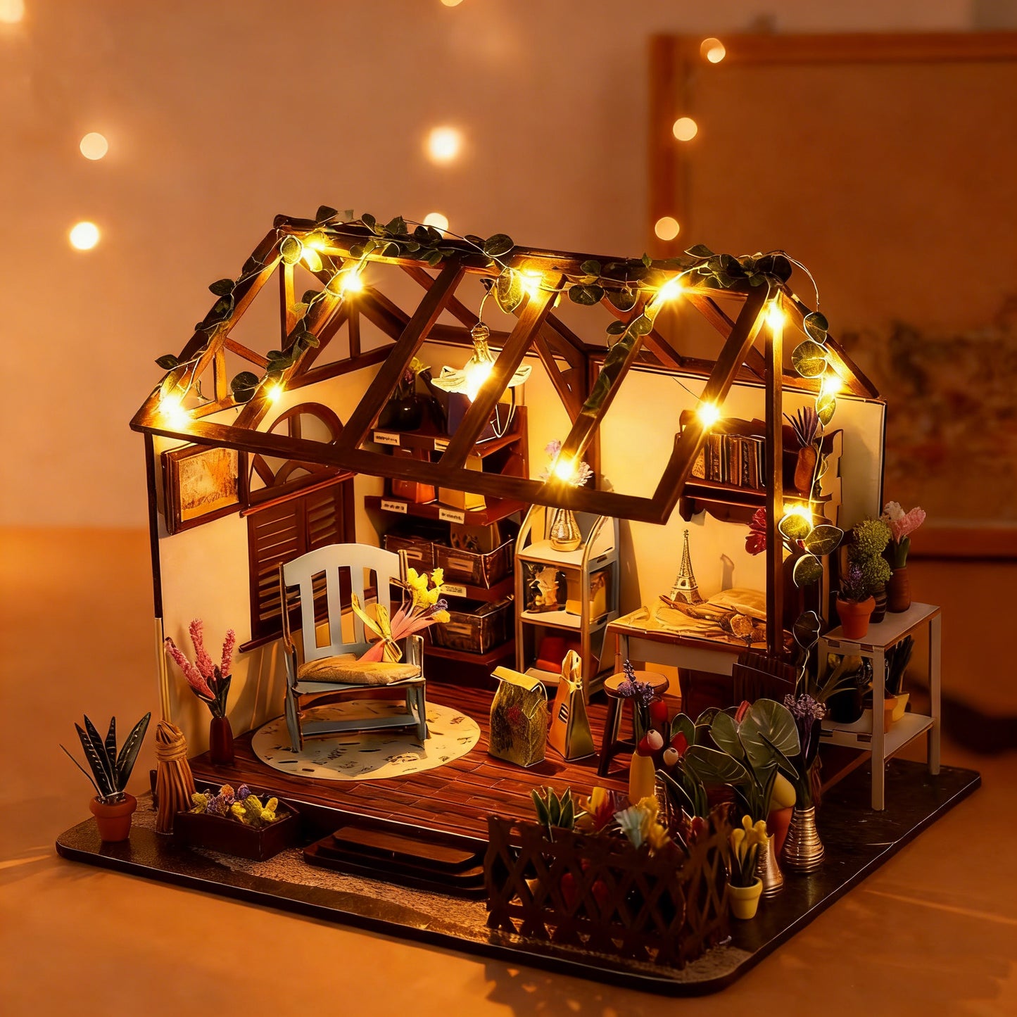 DIY Miniature Greenhouse Craft Kit - Wooden Plant-Themed Dollhouse Buildable Model with LED Lighting, Cozy Decorative Desktop Display for Hobbyists & Relaxation Enthusiasts