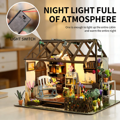 DIY Miniature Greenhouse Craft Kit - Wooden Plant-Themed Dollhouse Buildable Model with LED Lighting, Cozy Decorative Desktop Display for Hobbyists & Relaxation Enthusiasts