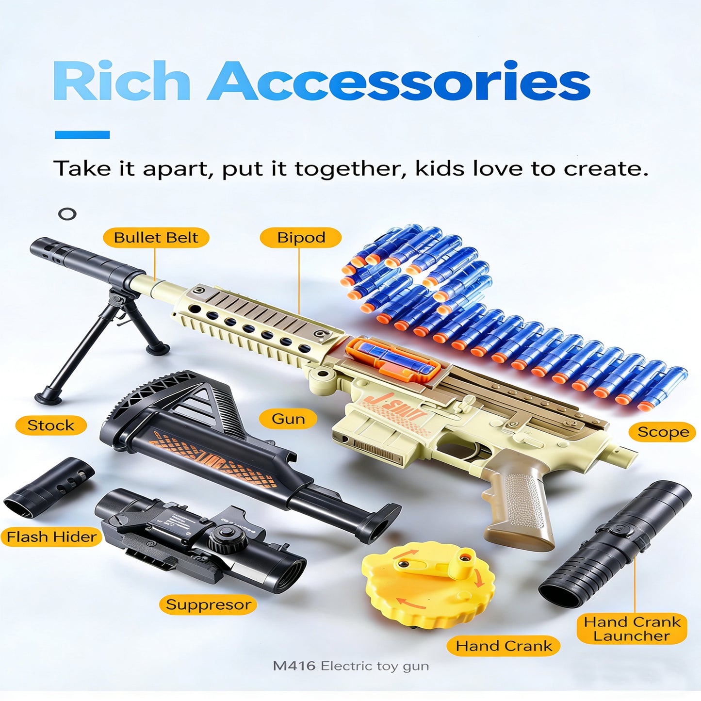 M416 Electric Full-Auto Soft Bullet Toy Gun，Huge Ammo Chain + Cool Attachments，Safe Suction Darts
