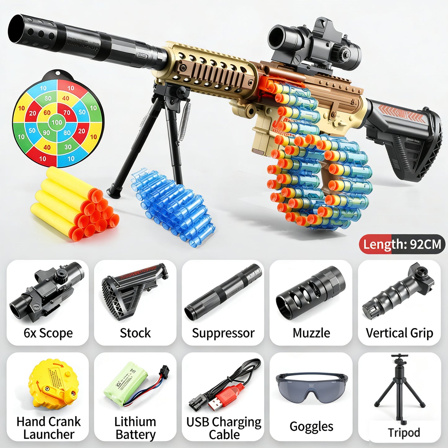 M416 Electric Full-Auto Soft Bullet Toy Gun，Huge Ammo Chain + Cool Attachments，Safe Suction Darts