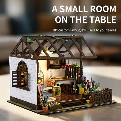 DIY Miniature Greenhouse Craft Kit - Wooden Plant-Themed Dollhouse Buildable Model with LED Lighting, Cozy Decorative Desktop Display for Hobbyists & Relaxation Enthusiasts