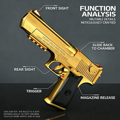 Golden Desert Eagle Shell Ejection Soft Bullet Gun – Realistic Toy Pistol with Removable Magazine, Safe Foam Bullets for Kids & Adults, Ideal for Collection, Cosplay, or Indoor Outdoor Shooting Games