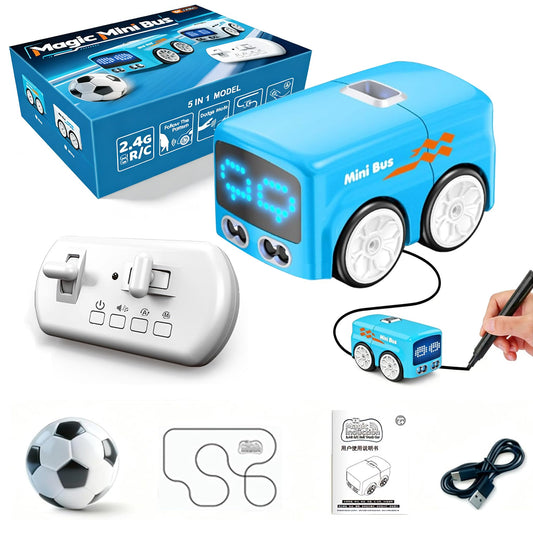 Magical Mini Bus Toy-5-in-1 multi-functional,features line-following function,gesture-controlled following car toy,with follow and avoidance modes,football interaction,and fun dynamic effects