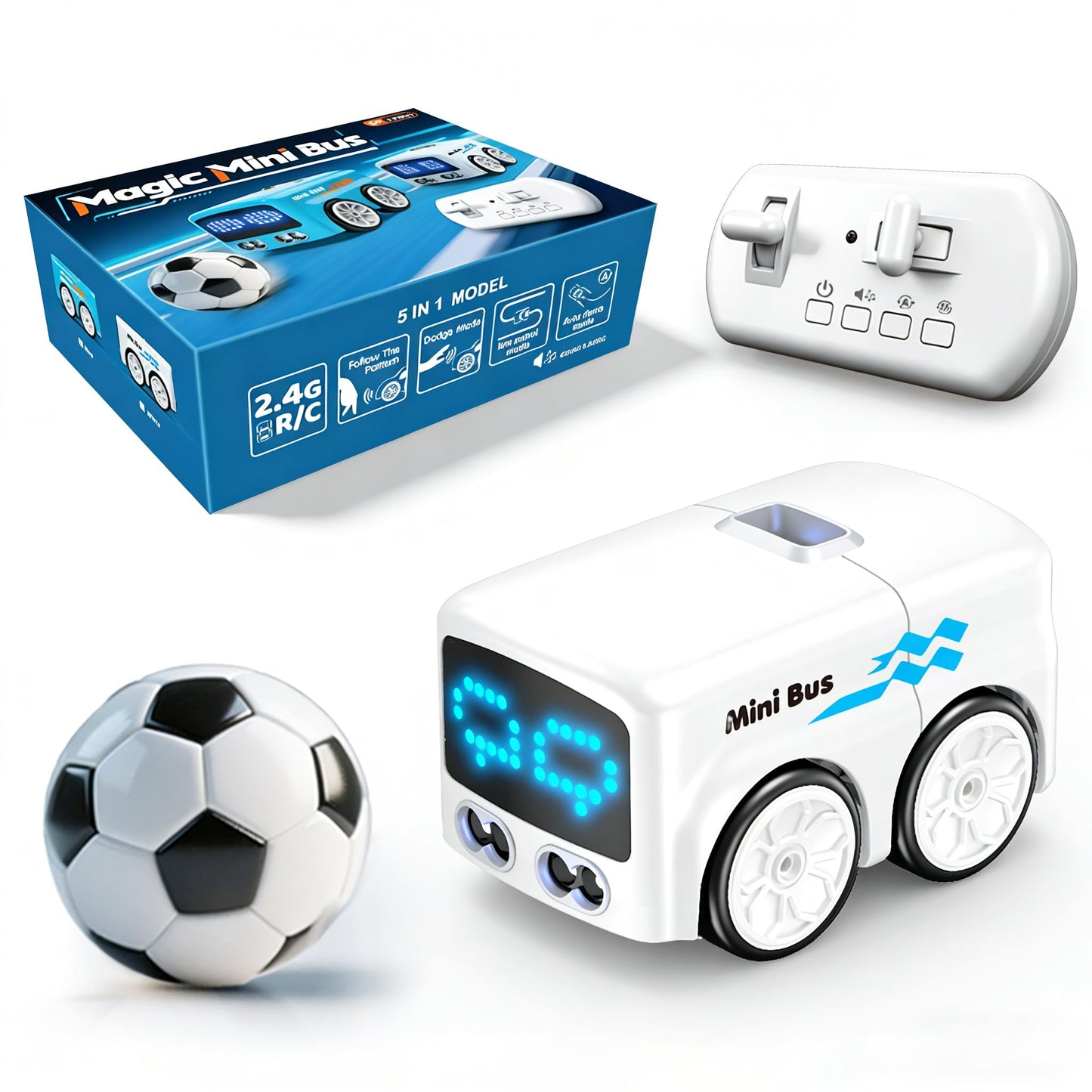 Magical Mini Bus Toy-5-in-1 multi-functional,features line-following function,gesture-controlled following car toy,with follow and avoidance modes,football interaction,and fun dynamic effects